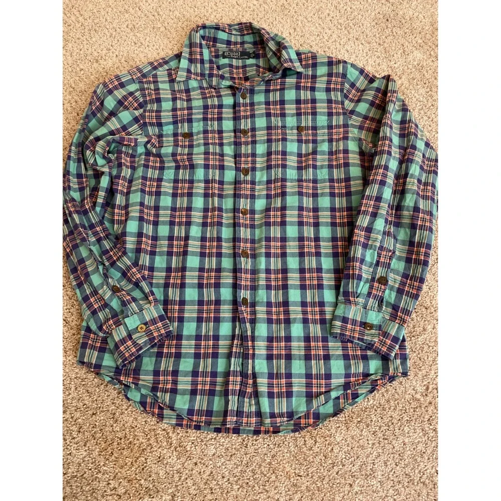 Vintage Polo Ralph Lauren Men Button Down Shirt Large Teal Plaid Dual Pockets